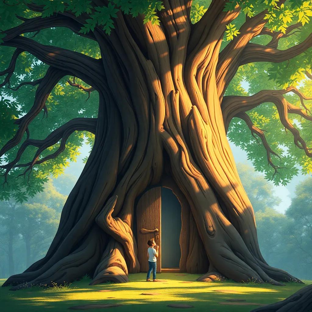 A giant oak tree with a magical door carved into its trunk, sunlight filtering through its leaves, N looking up with wonder, enchanting illustration, vibrant colors, captivating and mysterious view