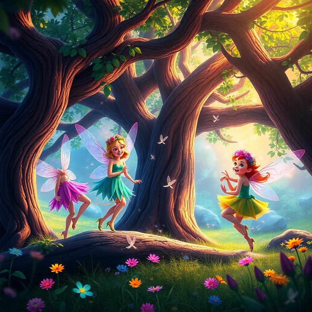 Inside the oak tree, fairies dancing and glittering, their laughter creating a musical atmosphere, N smiling joyfully with flower crowns, colorful and sparkling environment, fantasy art, bright and magical colors