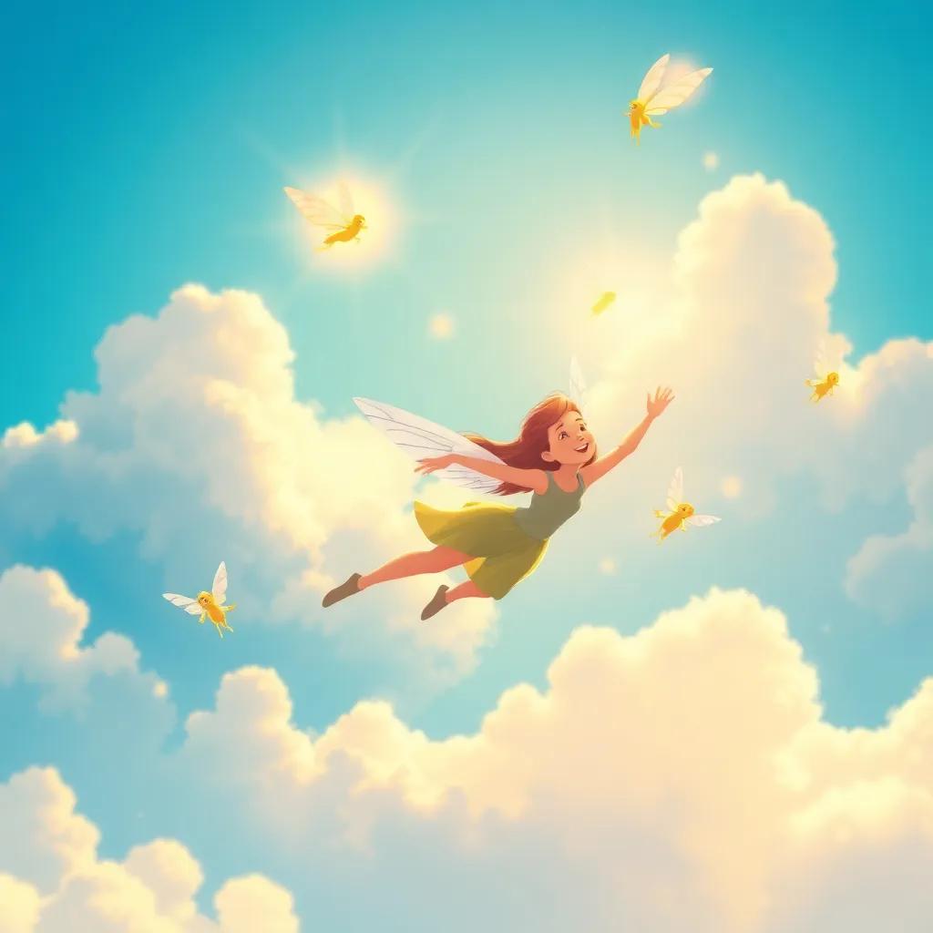 N flying through the sky with fairies, surrounded by clouds and sunshine, feeling free and happy, digital illustration, bright blue and golden colors, uplifting scene