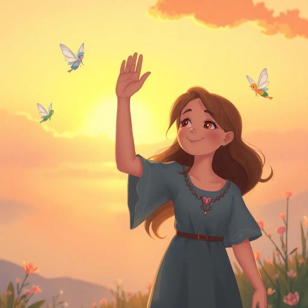 N waving goodbye to the fairies, leaving the enchanted world, her heart full of dreams, a beautiful sunset behind her, warm colors, nostalgic atmosphere, charming illustration