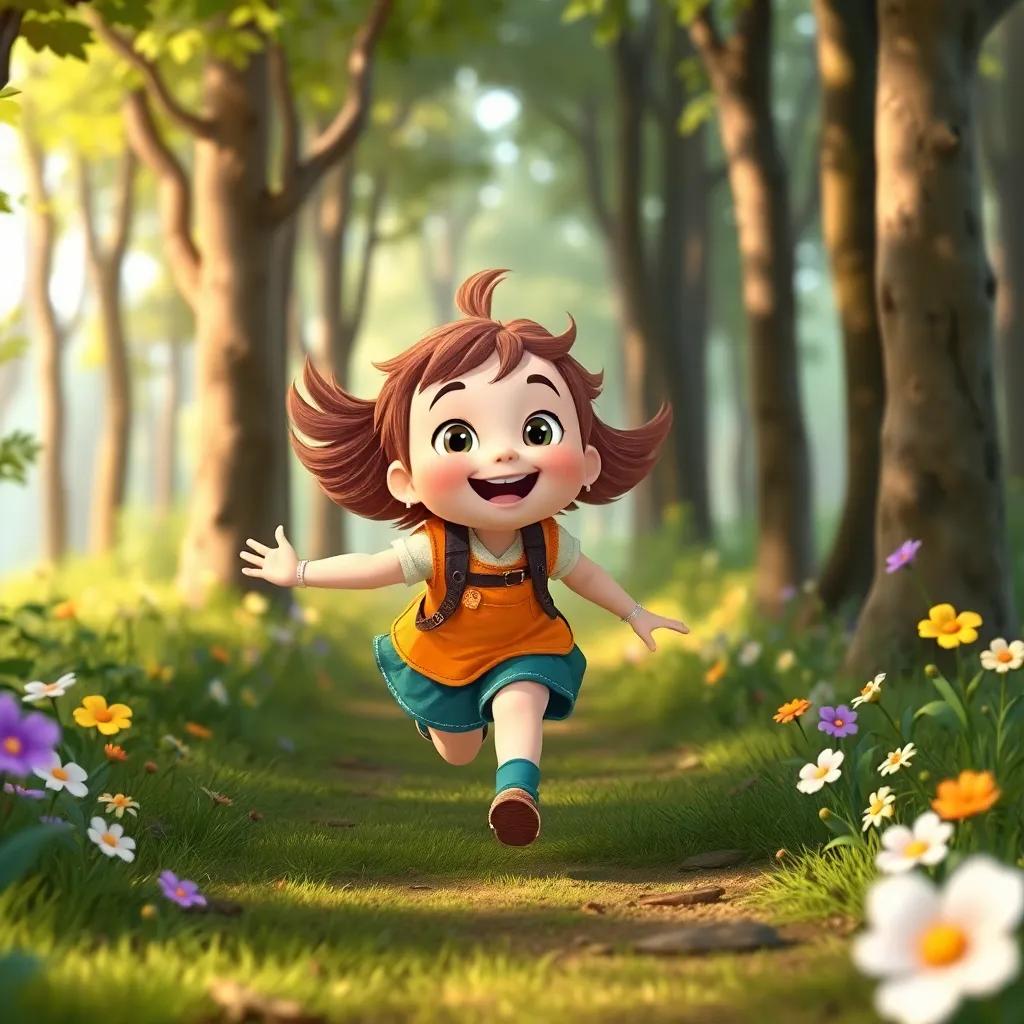 A cheerful little girl running through the forest, excited to share her adventures with her family, with trees and flowers around her, vibrant colors, joyful and adventurous mood, captivating scene