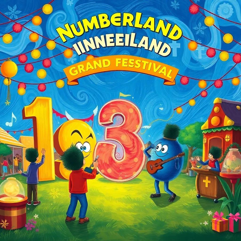 Numberland's grand festival, with the numbers working together, One is exploring, Two and Four building, Three playing music, vibrant festival decorations, digital illustration, festive, lively scene, high quality
