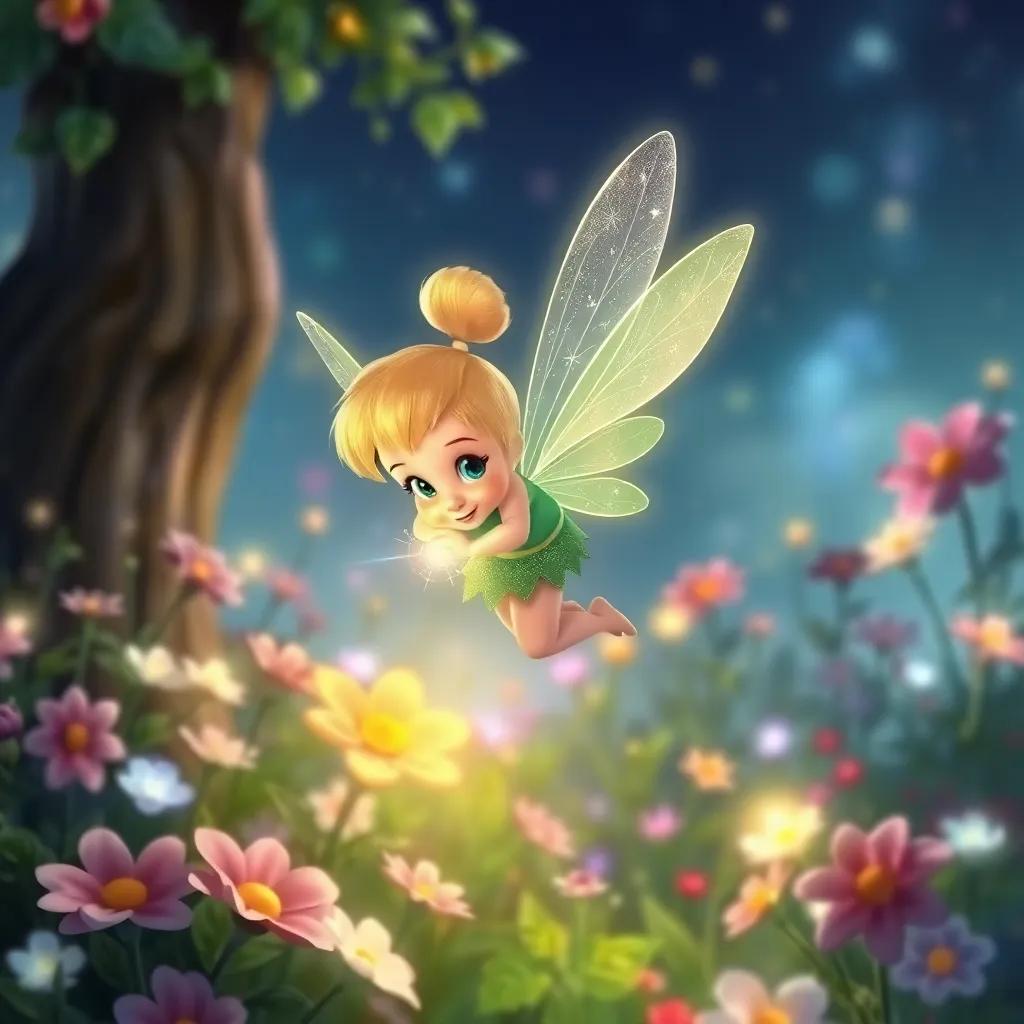 A small fairy, Tinker Bell, with shimmering wings and a bright light, flitting around a beautiful landscape filled with flowers and glowing lights, illustration, enchanting, lively, child-friendly