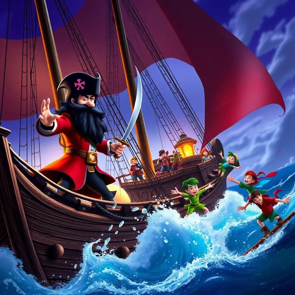 A fierce pirate ship, with Captain Hook, a tall man with a black beard and red coat, and a sword, in battle with Peter Pan and a group of playful Lost Boys, vibrant and action-packed scene, digital art, dynamic