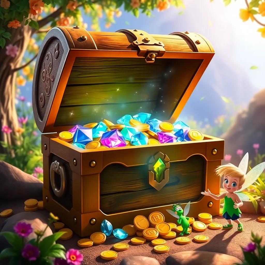 A magical treasure chest filled with sparkling jewels and gold coins, surrounded by the vibrant colors of Neverland, with the children and Tinker Bell celebrating nearby, bright and cheerful, digital art, inviting
