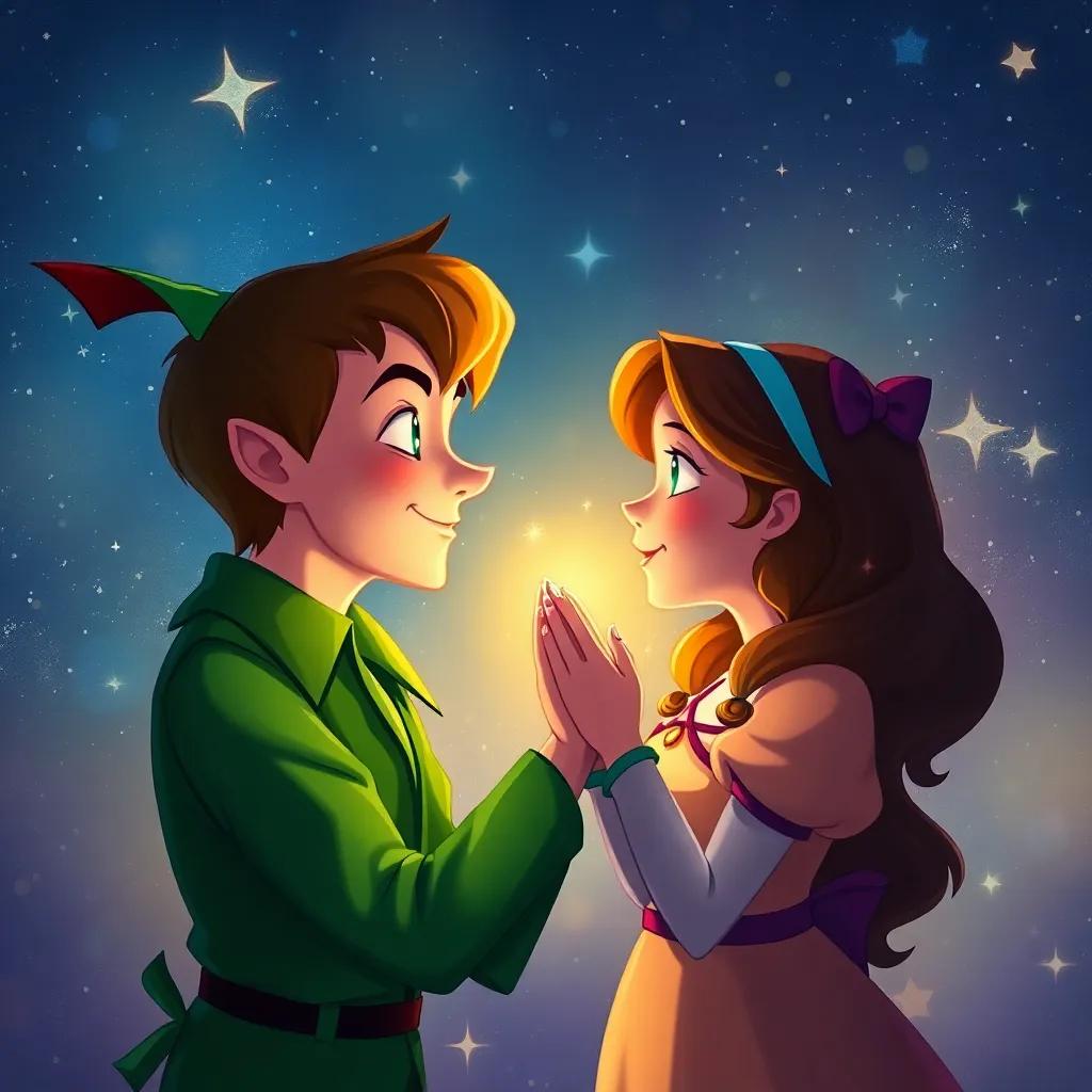Peter Pan and Wendy sharing a heartfelt goodbye, under a starry sky, with glimmers of fairy dust, soft and warm light, capturing bittersweet emotions, digital painting, touching