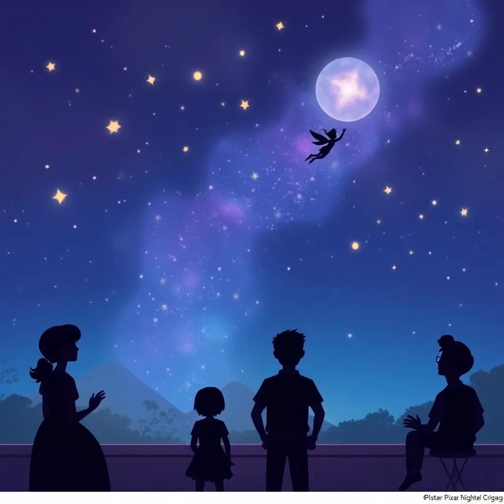 A dreamy night sky with the silhouette of Peter Pan flying away, while the silhouettes of Wendy, John, and Michael watch from their window, magical atmosphere, illuminated stars, ethereal, cartoonish style