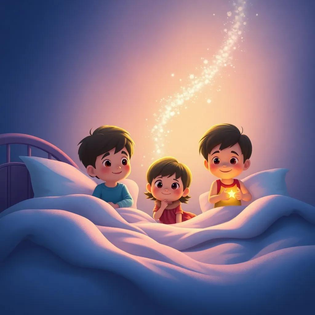 The children returning to their beds, with a sparkle of fairy dust still lingering in the air, creating a peaceful, nostalgic feel, digital art, heartwarming, tender