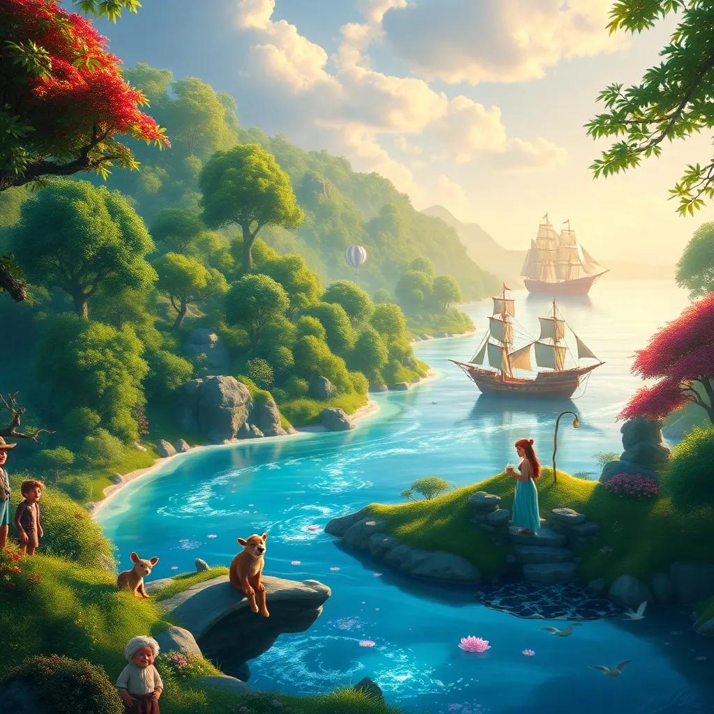 A tapestry of Neverland, with lush forests, a shimmering lagoon, friendly animals, and a pirate ship in the distance, vibrant and captivating, digital painting, imaginative