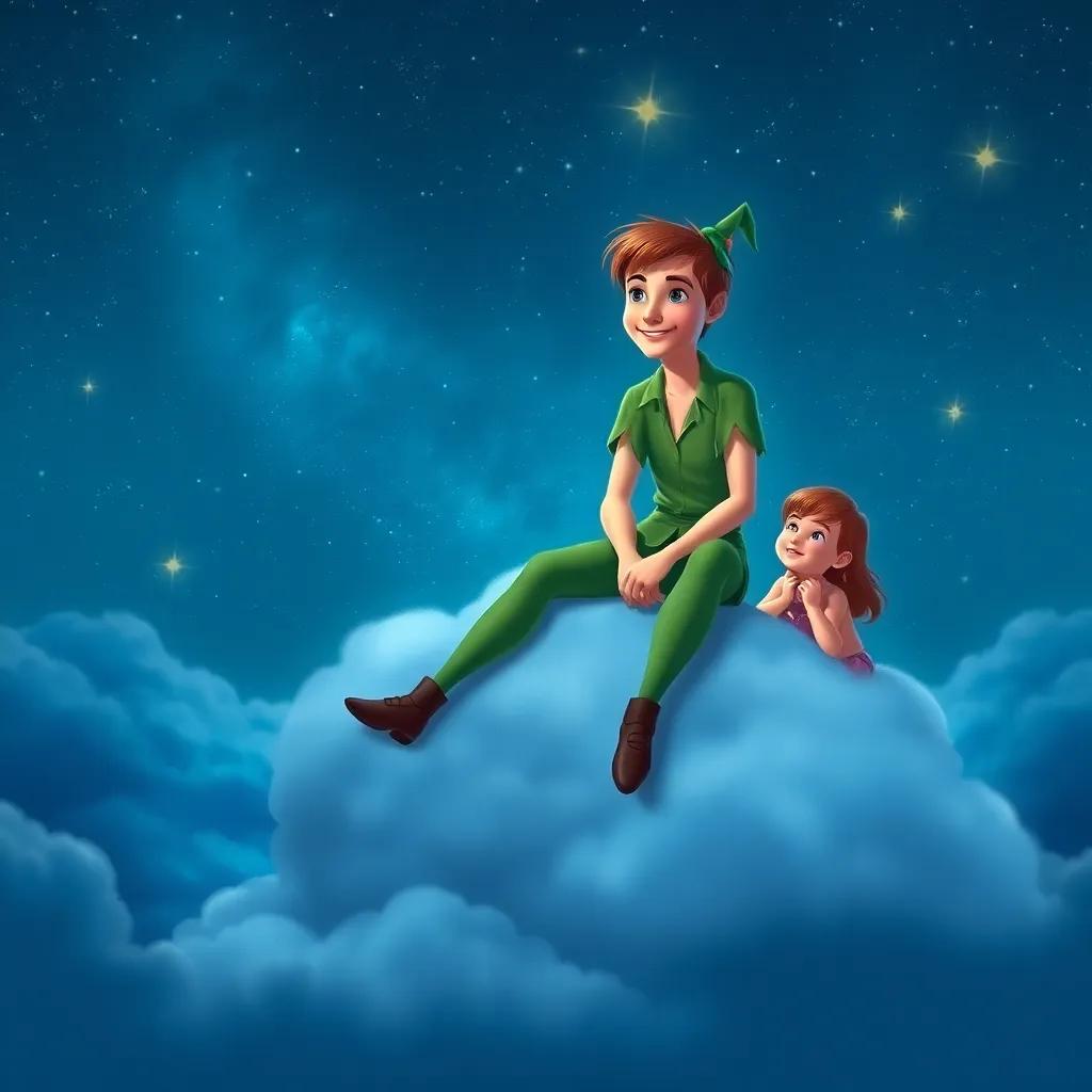 A final image of Peter Pan sitting on a cloud, smiling and watching over the children as they sleep, the stars twinkling around him, magical and serene, digital art, high quality