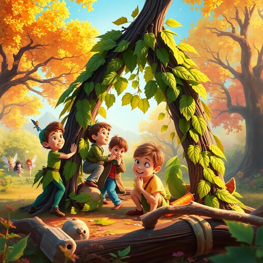 A lively scene of Peter Pan and the children building a fort out of leaves and branches, with a backdrop of bright trees and cheerful fairies, fun and whimsical art, colorful and joyful, high quality