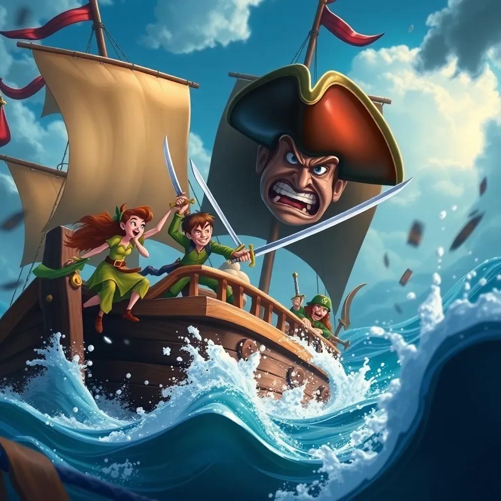 A dramatic pirate ship battling against Peter Pan and Wendy, swords clashing and water splashing, Hook with a furious expression, illustrated adventure scene, dynamic and exciting, high quality
