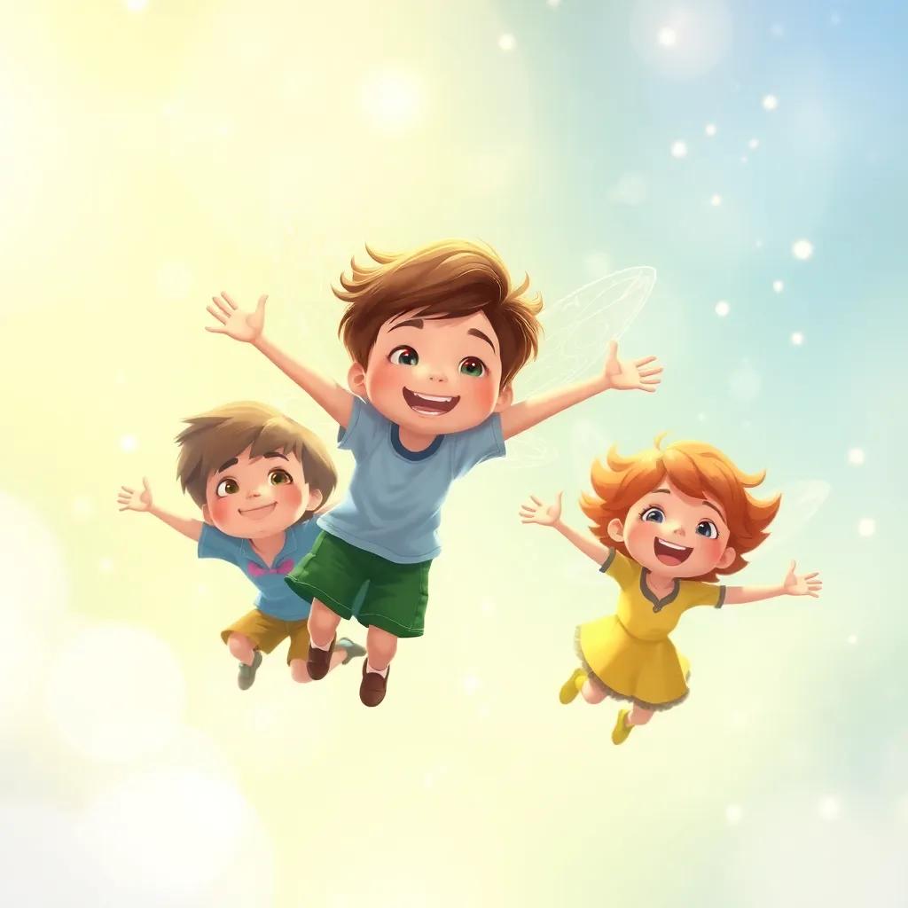 The children flying in the air sprinking pixie dust everywhere, capturing their spirits of adventure, magical and bright, animated illustration, joyful and cheery, high quality