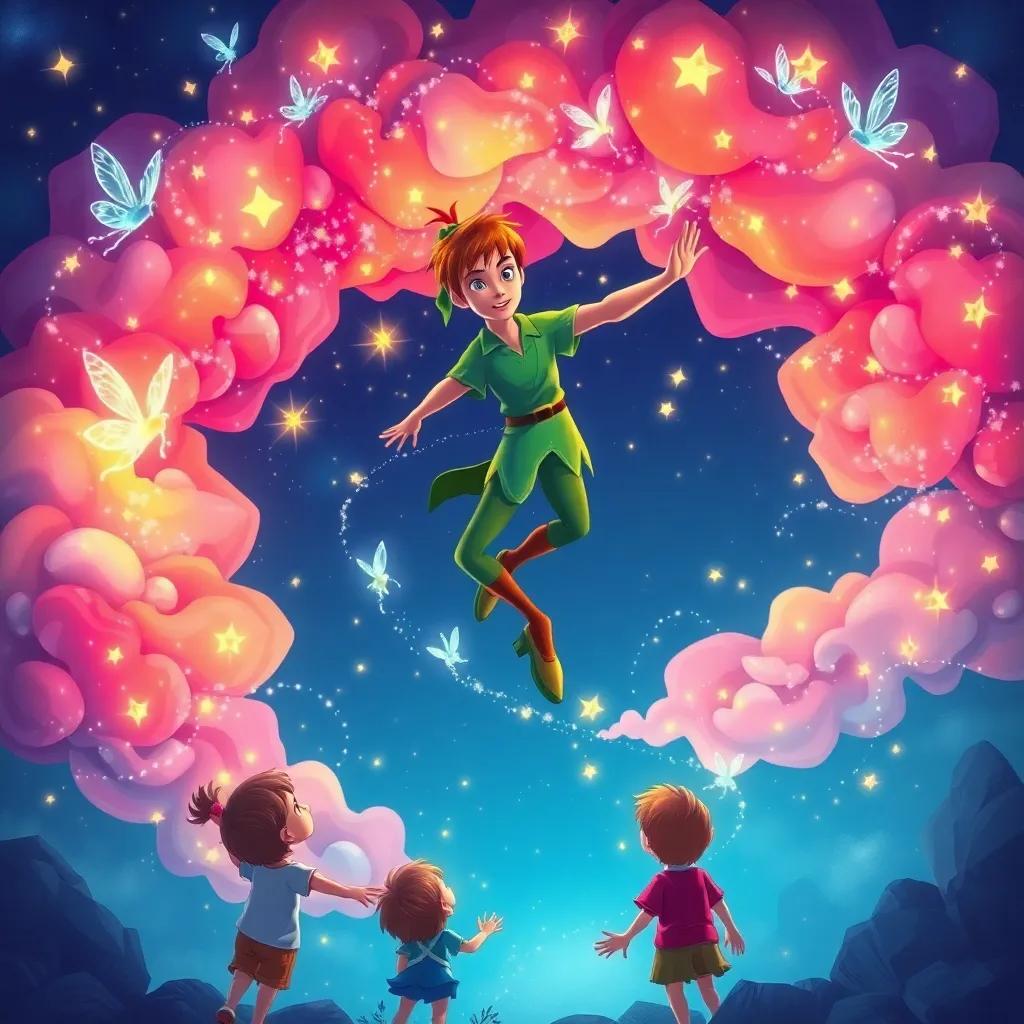 A vibrant image of Peter Pan intertwined with dreams floating above the children, stars and fairies twinkling, symbolizing freedom and adventure, fantasy illustration, magical and uplifting, high quality