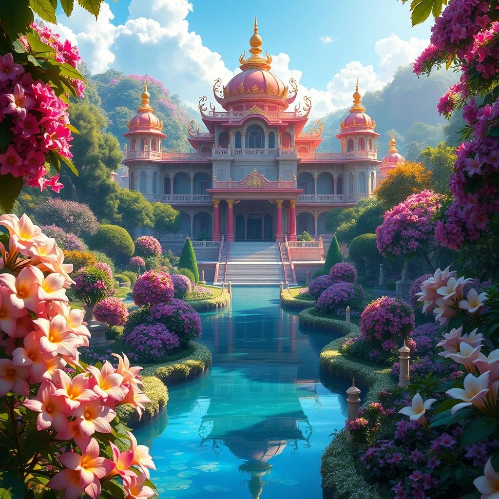 A grand palace surrounded by lush gardens, with blooming jasmine flowers, vibrant colors, and sunlight streaming down, digital art, enchanting atmosphere, high quality