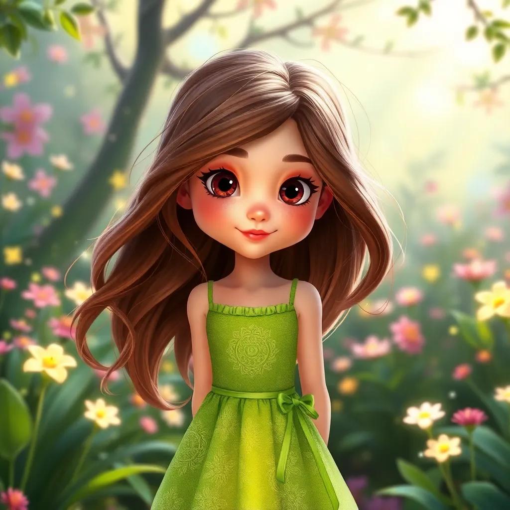 A young girl, Rhea, with flowing brown hair, wearing a bright green dress, standing in a magical garden filled with sparkling flowers, digital art, vibrant colors, enchanting atmosphere, high quality