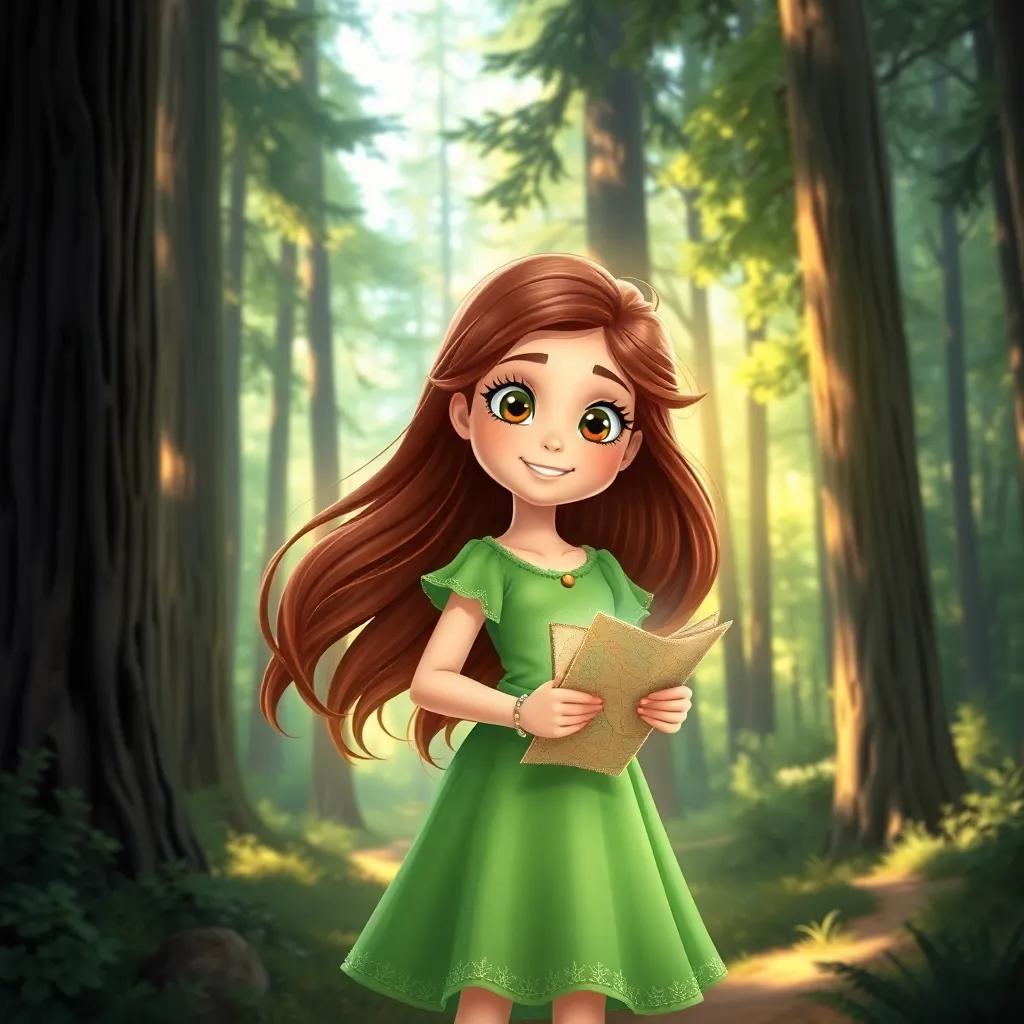A young girl, Rhea, with flowing brown hair, wearing a bright green dress, holding a shimmering map, in a forest surrounded by tall trees and dappled sunlight, illustration, adventurous, cheerful, high quality