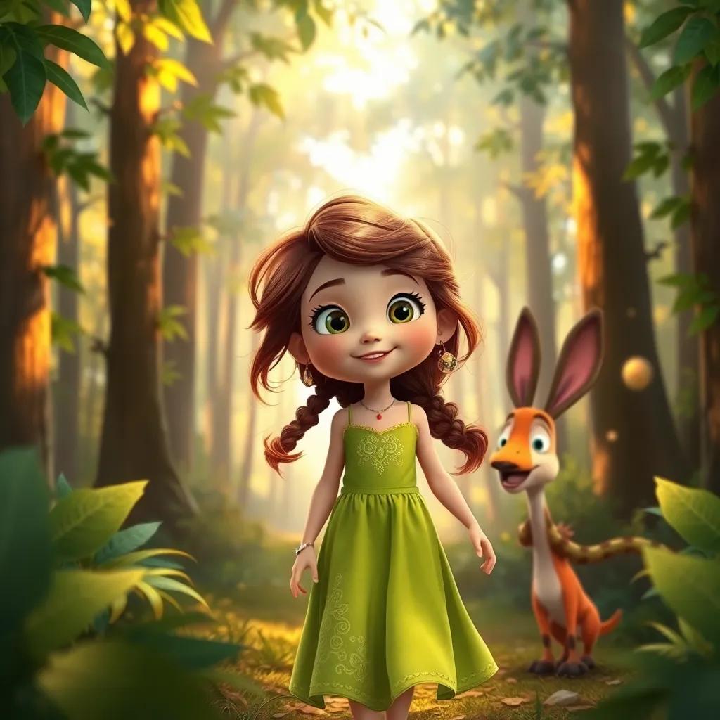 A young girl, Rhea, with flowing brown hair, wearing a bright green dress, walking through a forest with her friend Louie, sunlight peeking through leaves, digital art, warm colors, friendly atmosphere, high quality