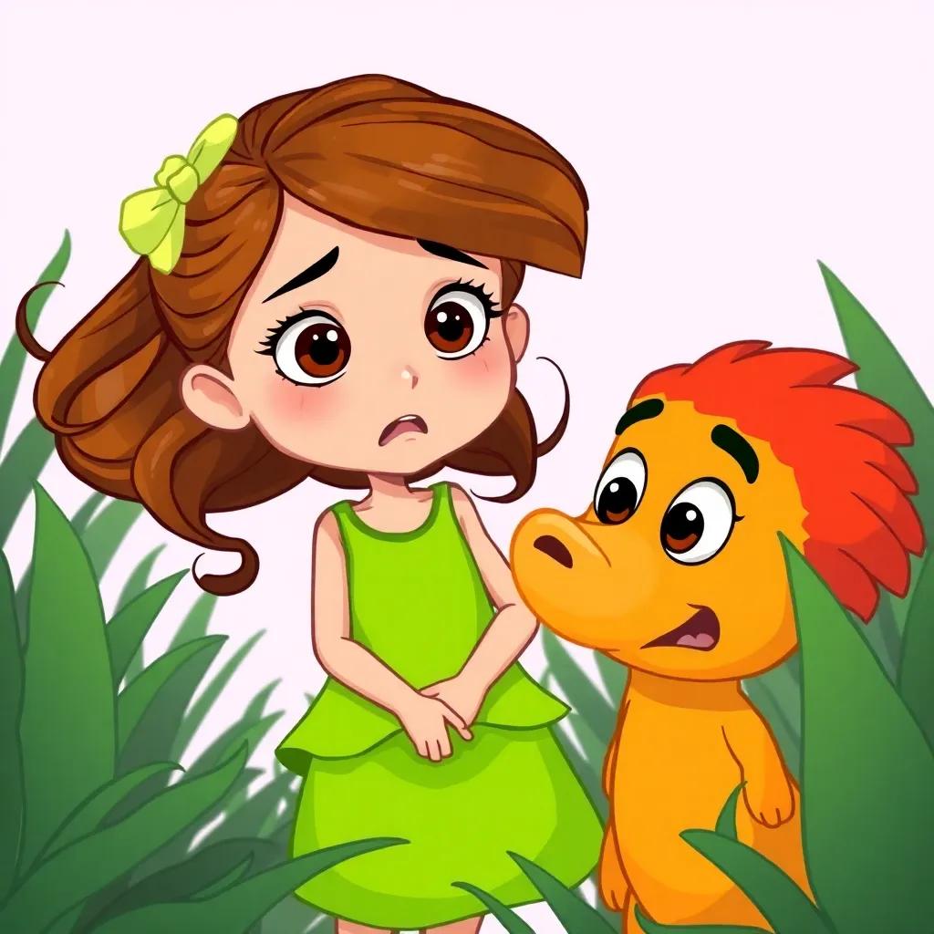 A young girl, Rhea, with flowing brown hair, wearing a bright green dress, looking scared alongside her friend Louie, hearing a rustling sound in the bushes, illustration, whimsical, fun, high quality