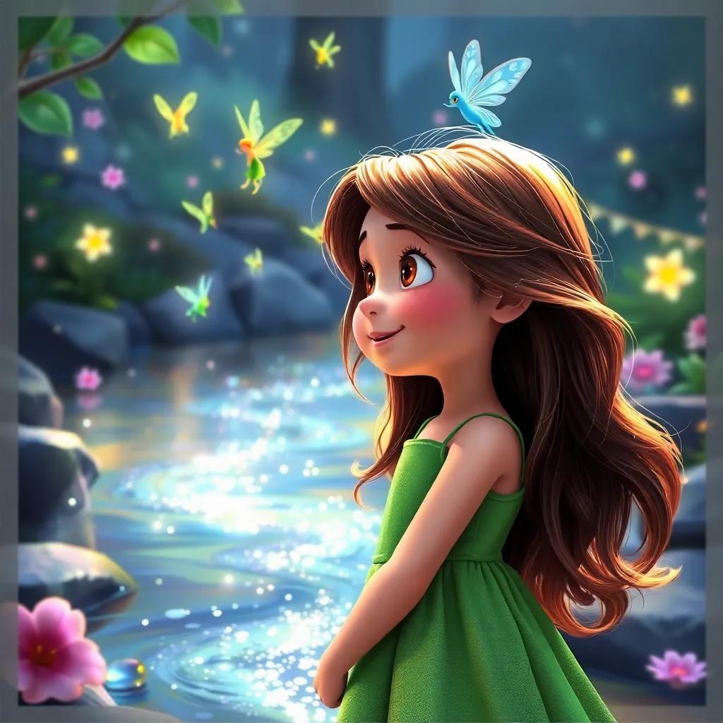 A glimmering stream with fairies dancing above it, and a young girl, Rhea, with flowing brown hair in a bright green dress, watching in awe, colorful, magical, cheerful atmosphere, high quality
