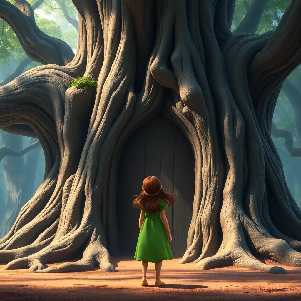 An ancient tree with a door carved in its trunk, a young girl, Rhea, with flowing brown hair in a bright green dress, standing in front of it, suspenseful, warm light, storytelling view, high quality