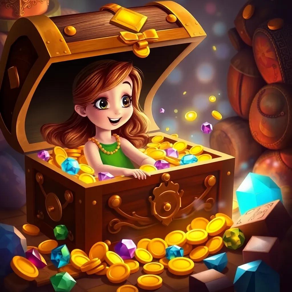 A treasure chest overflowing with jewels and gold coins, with a young girl, Rhea, with flowing brown hair in a bright green dress, opening it in awe, fantasy, rich colors, heartwarming atmosphere, high quality