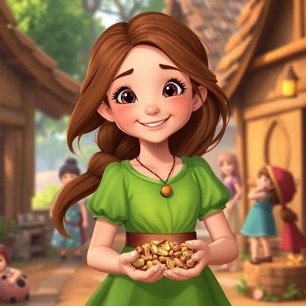 A young girl, Rhea, with flowing brown hair, wearing a bright green dress, smiling and sharing the treasure with friends in a village, joyful, warm colors, peaceful scene, high quality