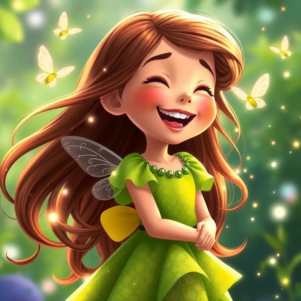 A young girl, Rhea, with flowing brown hair in a bright green dress, laughing as fairies sprinkle sparkles around her, magical, colorful, cheerful scene, high quality