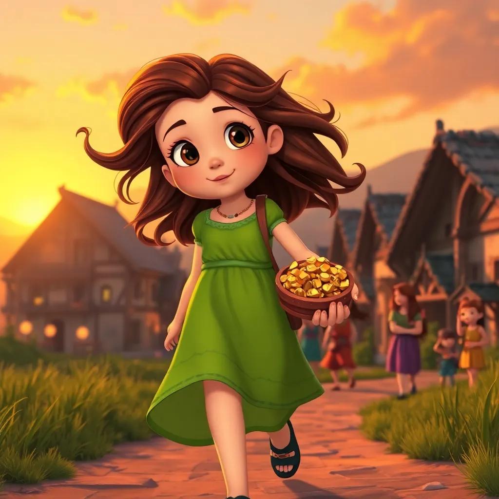 A young girl, Rhea, with flowing brown hair, wearing a bright green dress, walking home at sunset carrying treasure, with happy villagers welcoming her, heartwarming, rich sunset colors, uplifting imagery, high quality