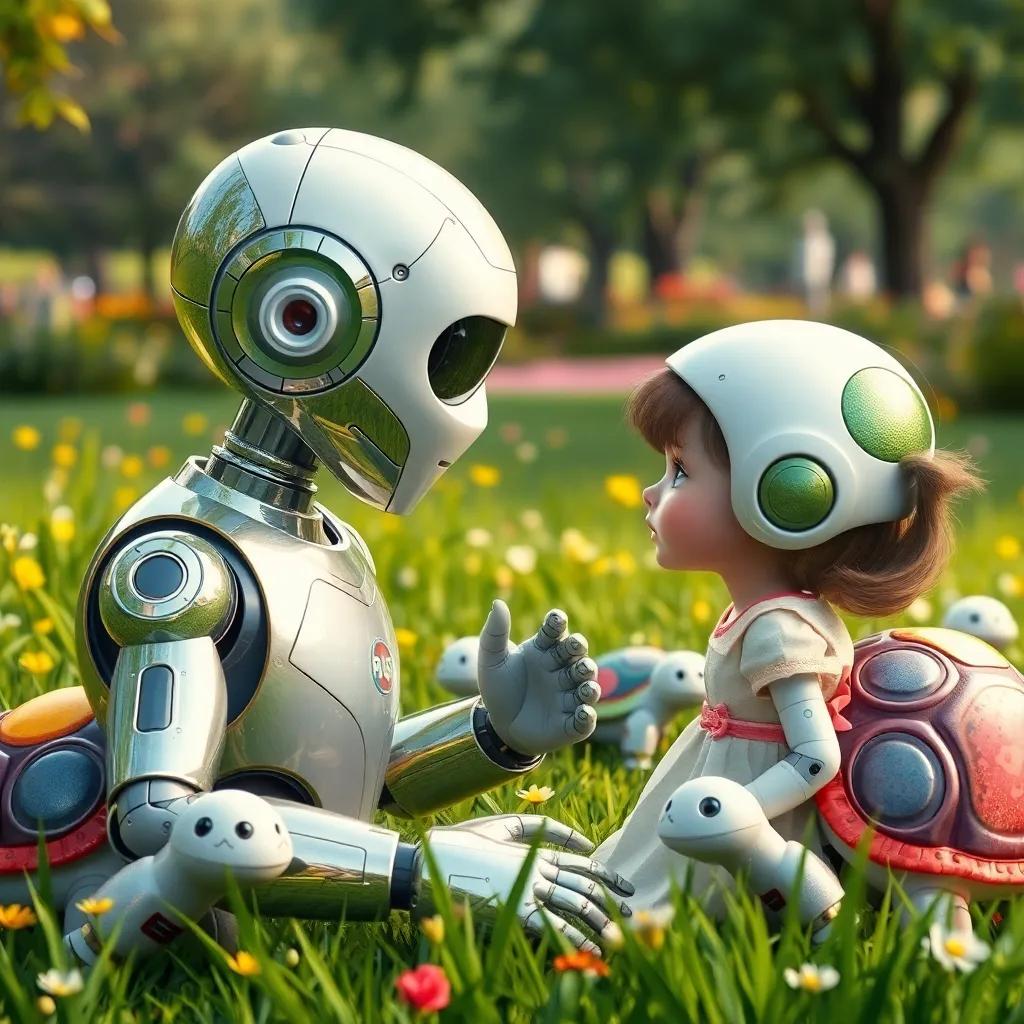 Robo, a shiny humanoid robot, talking to a small girl who is crying, surrounded by friendly robot turtles with colorful shells, in a park filled with green grass and flowers, illustration, emotional scene, warm colors, uplifting perspective, high quality