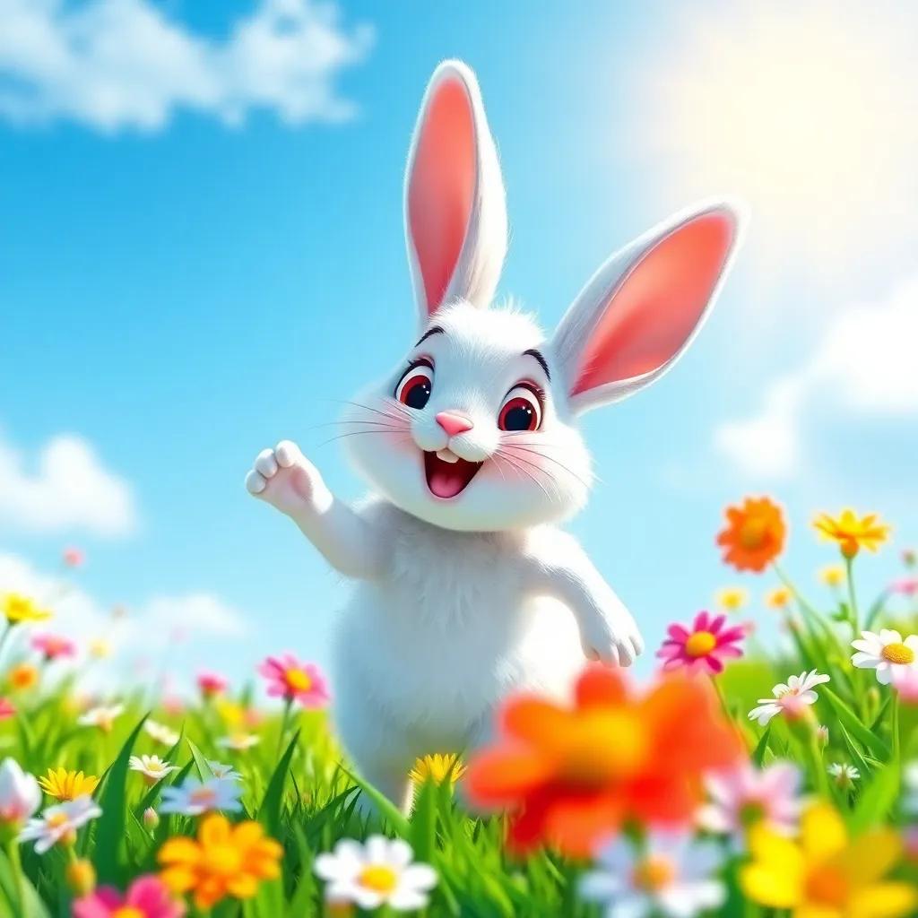 A cheerful rabbit, Rocco, with fluffy white fur and big ears, hopping through a bright green meadow full of flowers, sunshine and blue skies, digital art, vibrant colors, joyful atmosphere, high quality