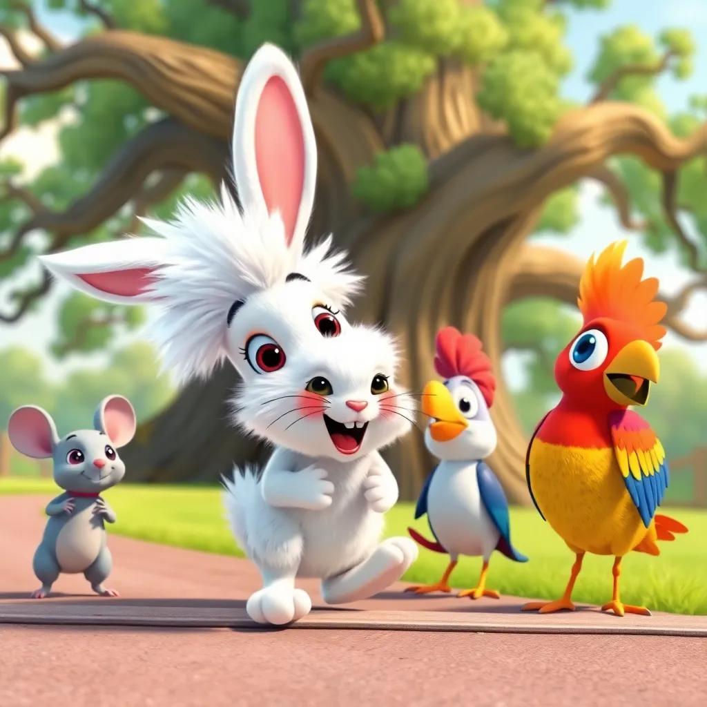 Rocco the rabbit, with fluffy white fur, competing with a small grey mouse Squeaky and a colorful bird Bella, they are at the start line near a big oak tree, illustrated scene, cheerful mood, child-friendly, bright and colorful