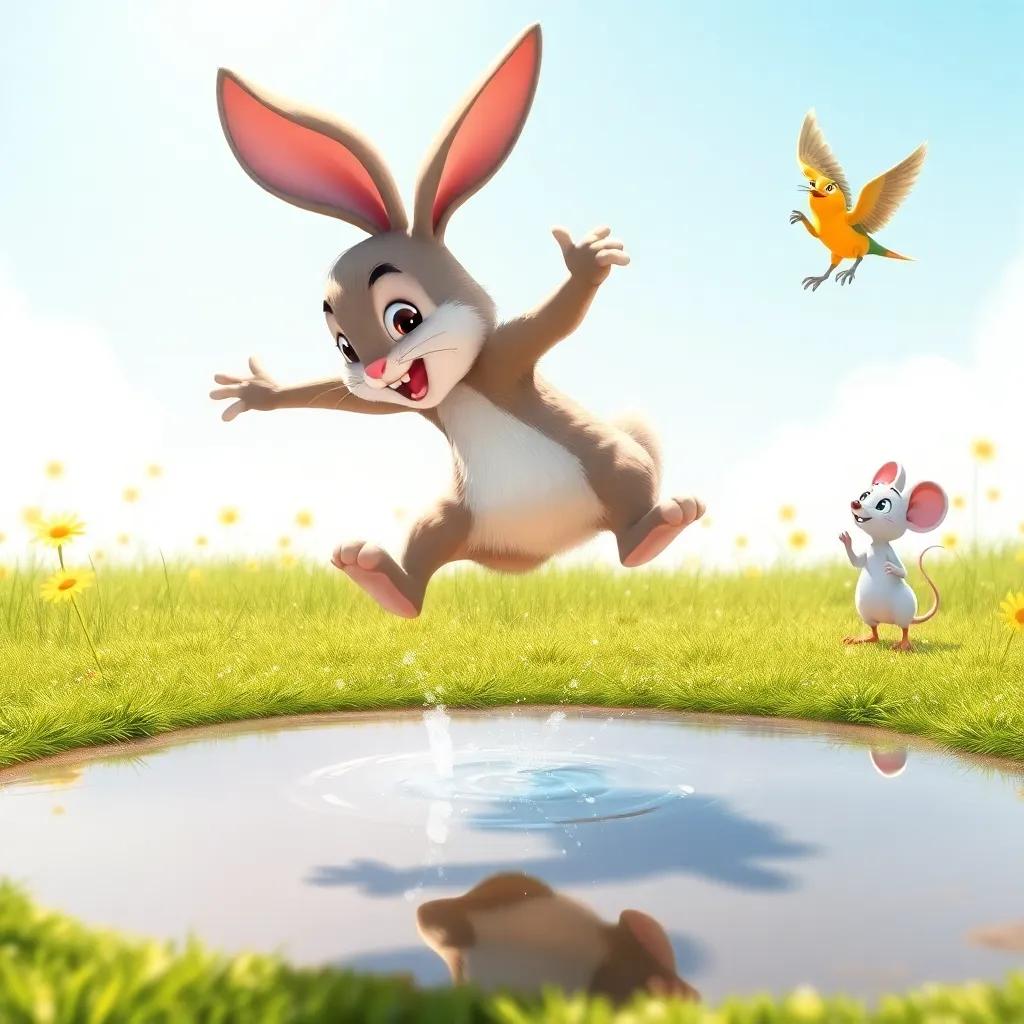 Rocco the rabbit, leaping gracefully over a sparkling puddle, with Squeaky the mouse watching in amazement and Bella the bird flying above, bright sunny day, digital illustration, engaging and fun, upbeat colors