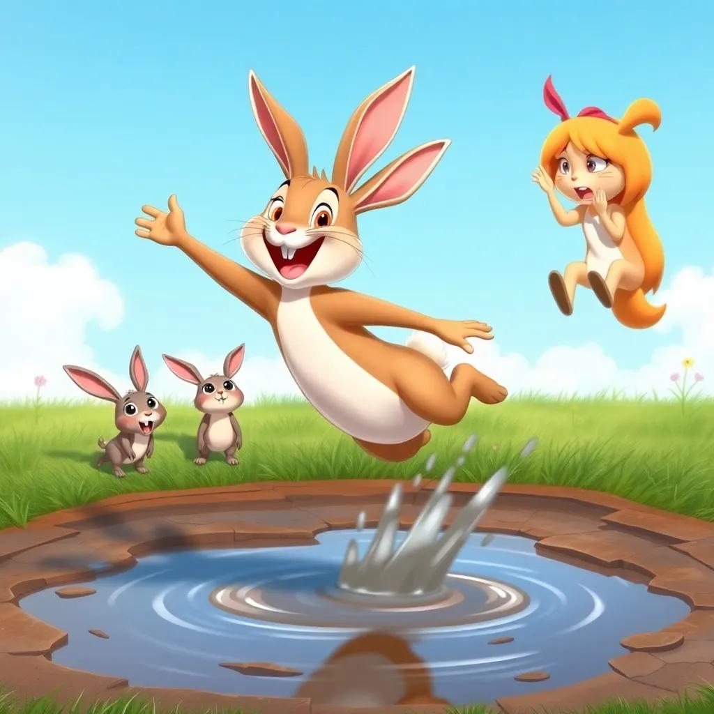 A happy rabbit, Rocco, proudly jumping over a puddle, with Squeaky looking nervously at the water and Bella cheering him on from above, detailed artwork, lively colors, high energy