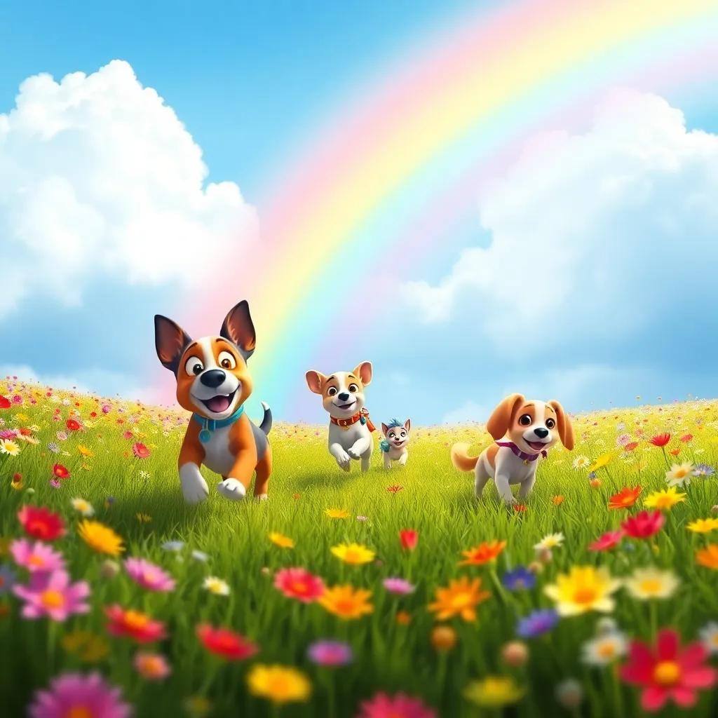 A vibrant rainbow stretching across a clear blue sky, Rocco, Squeaky, and Bella following it excitedly through a blooming field of colorful flowers, digital art, bright and colorful, uplifting scenery