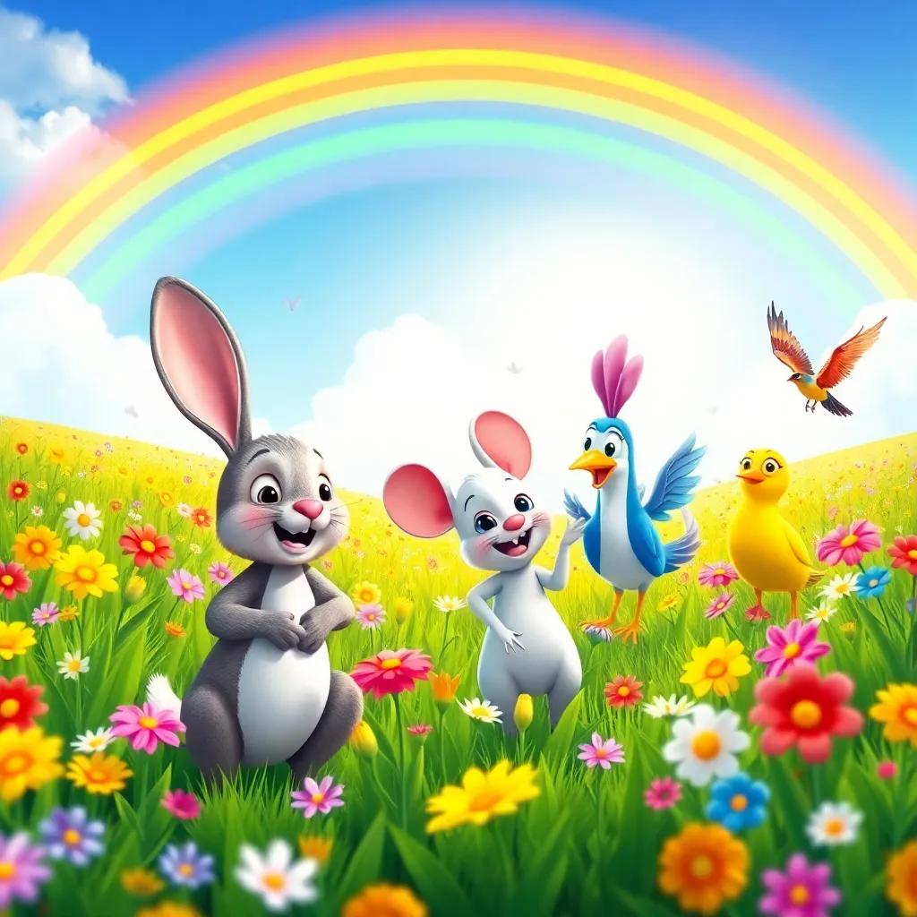 A colorful field of flowers at the end of the rainbow, Rocco the rabbit, Squeaky the mouse, and Bella the bird playing happily together, surrounded by sunshine and laughter, vivid colors, delightful and magical