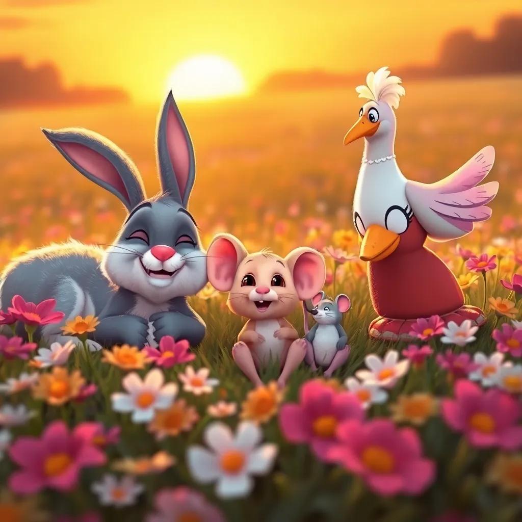 Rocco the rabbit, Squeaky the mouse, and Bella the bird lying in a field of flowers, sunset casting a golden glow, all looking content and happy, heartwarming scene, warm colors, engaging illustration