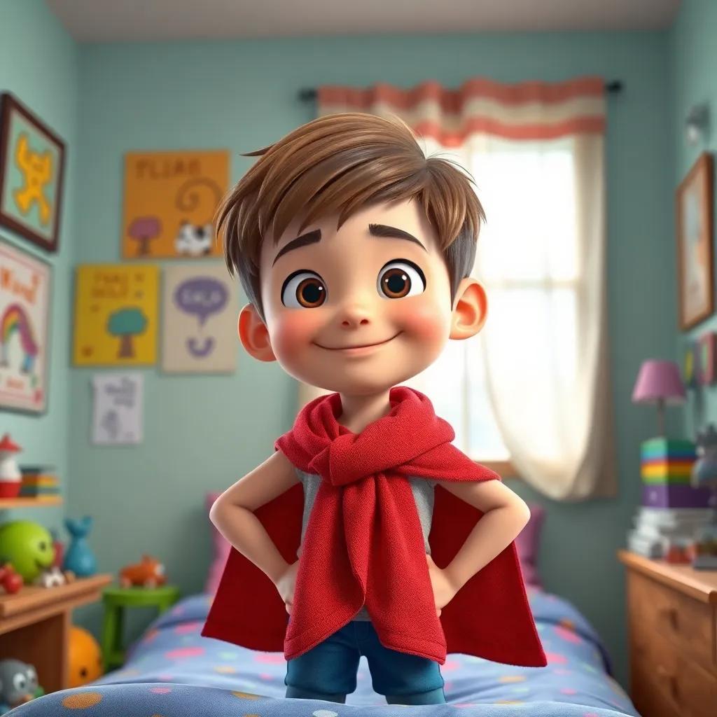 A boy named Sam, a 11-year-old Caucasian boy with short brown hair, wearing a red towel tied around his neck as a cape, standing on his bed with a confident pose and smiling, colorful bedroom with toys and posters, digital art, cheerful, vibrant colors, fun atmosphere, high quality