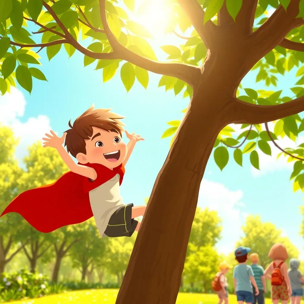 Sam, an 11-year-old Caucasian boy with short brown hair, wearing a red towel as a cape, joyfully climbing a tree in a sunny park, surrounded by green leaves and a few friends watching, illustration, adventurous spirit, warm sunlight, engaging perspective, child-friendly