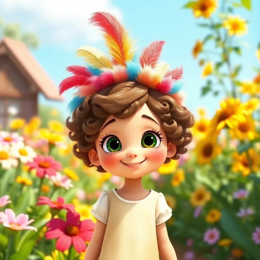 Silly Sally, a cheerful young girl, with short curly brown hair, wearing a colorful, feathered hat, standing in a sunny garden surrounded by flowers, joyful expression, digital art, vibrant colors, whimsical atmosphere, high quality