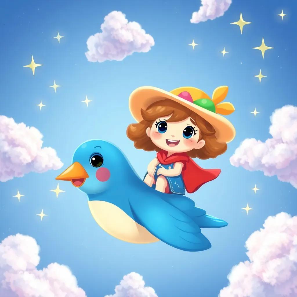 Silly Sally, the cheerful girl with a colorful hat, riding on a flying blue bird, soaring through a magical sky with fluffy clouds and twinkling stars, whimsical illustration, bright and cheerful, fun adventure, child-friendly