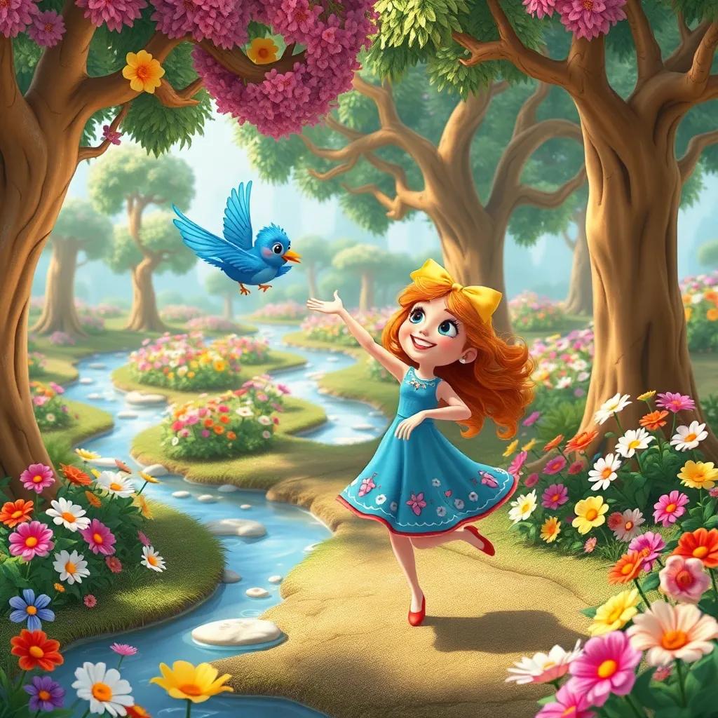 Silly Sally dancing with the blue bird in an enchanted land filled with talking trees and rivers of cream, colorful flowers blooming everywhere, joyful scene, bright colors, happy atmosphere, high quality