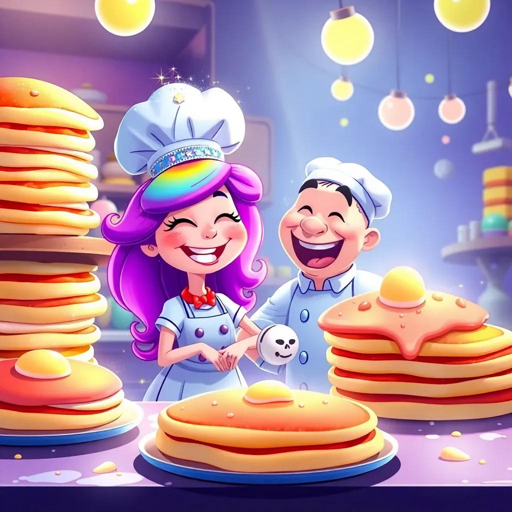 Silly Sally and a laughing chef with a sparkling hat, surrounded by giant rainbow pancakes that look fluffy and delicious, in a magical kitchen full of wonder, joyful illustration, vibrant colors, enchanting setting, high quality