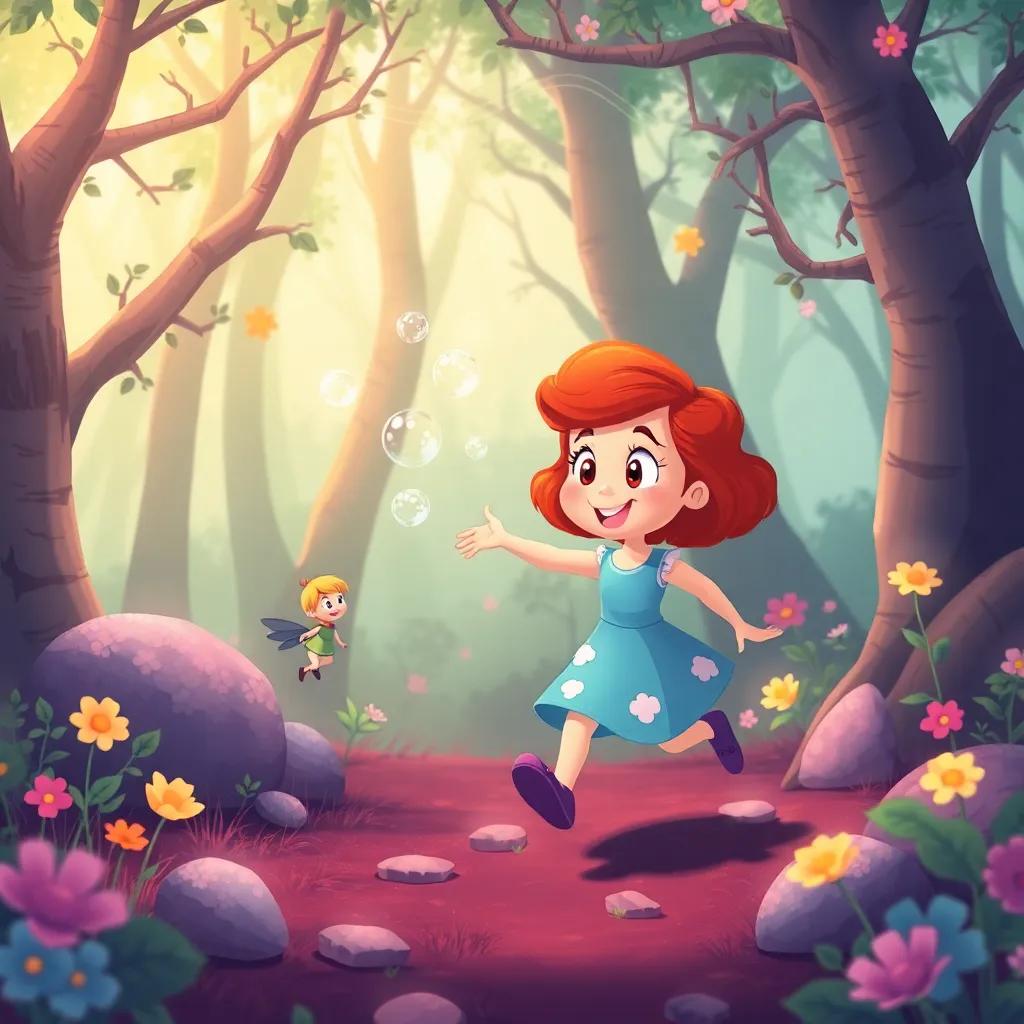 Silly Sally chasing shiny bubbles made by a tiny mischievous sprite, in a whimsical forest filled with enchanted trees, cheerful and magical atmosphere, colorful illustration, playful scene, high quality