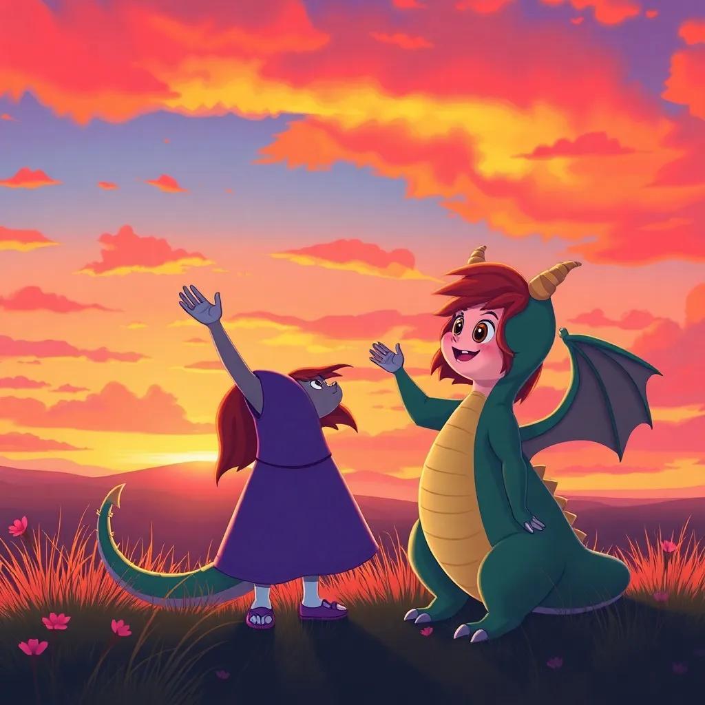 Silly Sally waving goodbye to her friend the dragon at sunset, the sky painted in bright oranges and pinks, magical ambiance, heartfelt farewell, vibrant colors, enchanting illustration