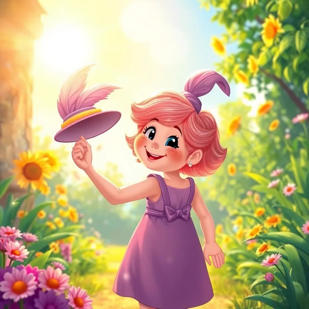 Silly Sally back in her sunny garden, with her feathered hat in hand, surrounded by sparkling light, a joyful expression, conveying happiness and magic, vibrant illustration, whimsical and uplifting scene, high quality
