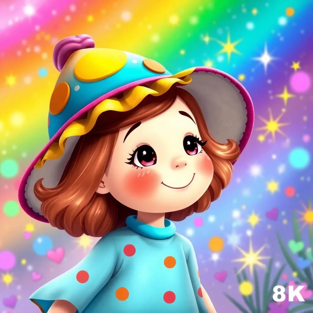 Silly Sally, with her colorful hat, imagining new adventures bursting with colors and sparkles around her, in a brilliant dreamland, showcasing creativity and imagination, vibrant colors, child-friendly quality, high quality
