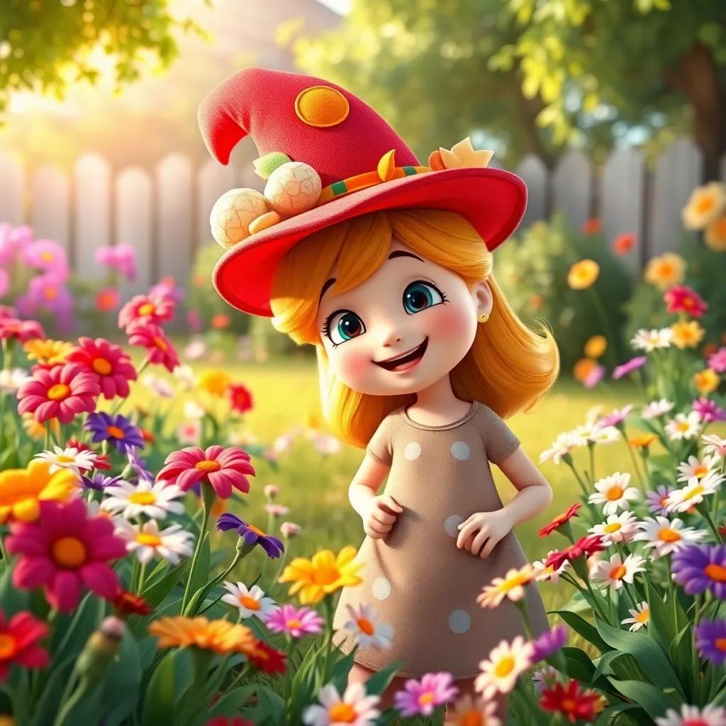 Silly Sally standing beside her colorful hat in a yard filled with flowers, smiles, enjoying the beauty of imagination, cheerful scene, bright colors, warm atmosphere, high quality