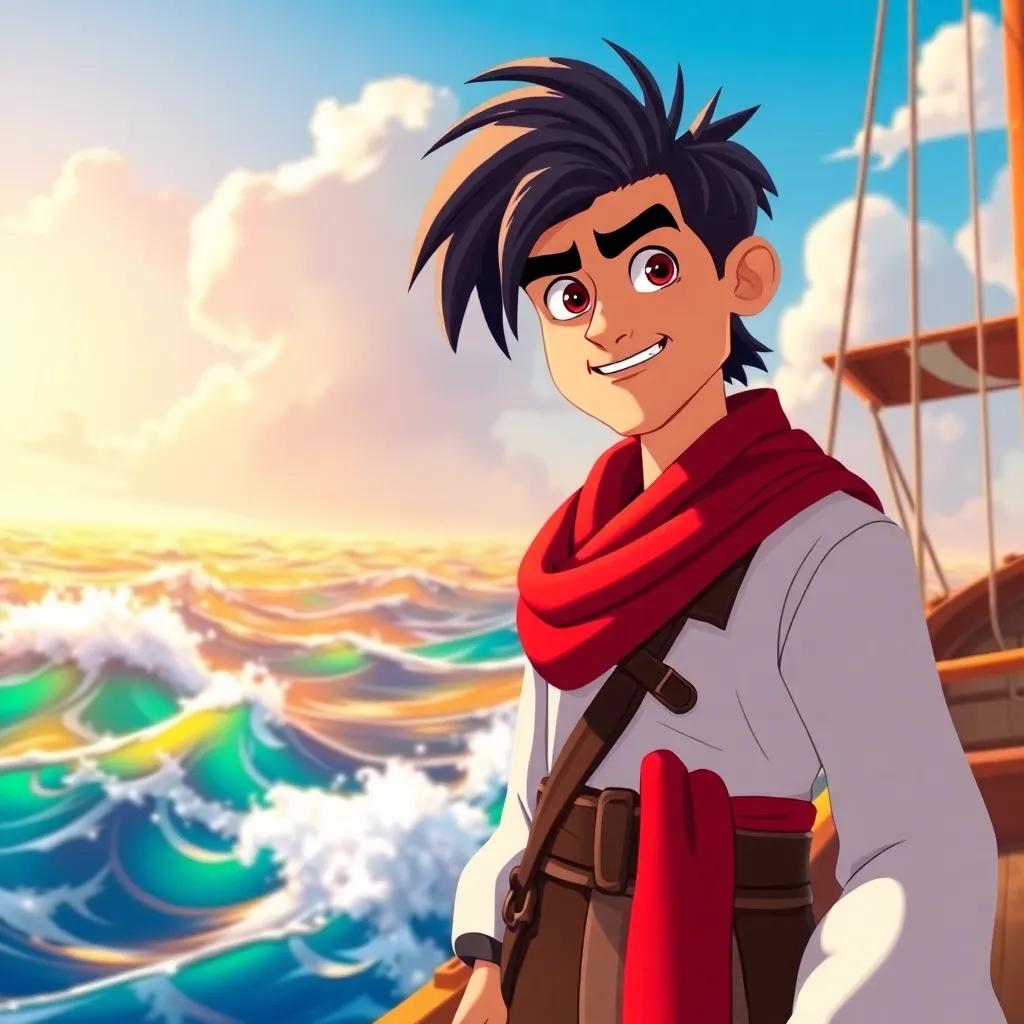 A brave sailor named Sinbad, with short black hair, wearing a traditional ship captain outfit with a red scarf, standing confidently on the deck of a ship navigating a vibrant ocean, digital art, colorful waves crashing, sunny sky, high quality