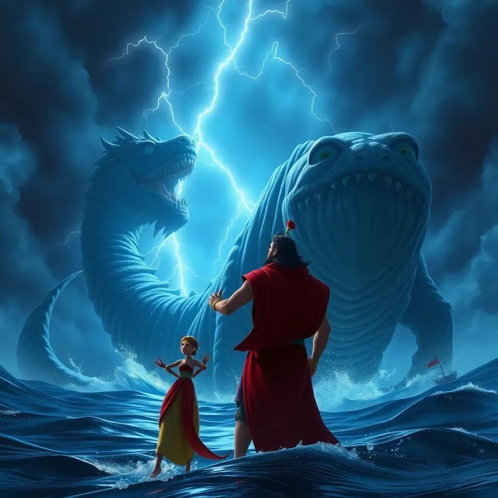Sinbad, the brave sailor, facing a gigantic sea monster, the monster has big eyes and a long tail, against a stormy night sky with flashing lightning, intense atmosphere, dramatic lighting, high quality